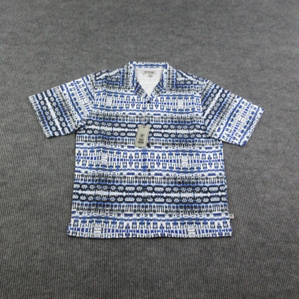 Stacy Adams Shirt Mens Large Blue GeoStripe Short Sleeve Button Up Crepe NWT